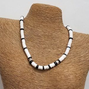 Puka & Wood Necklace 17" White with Black